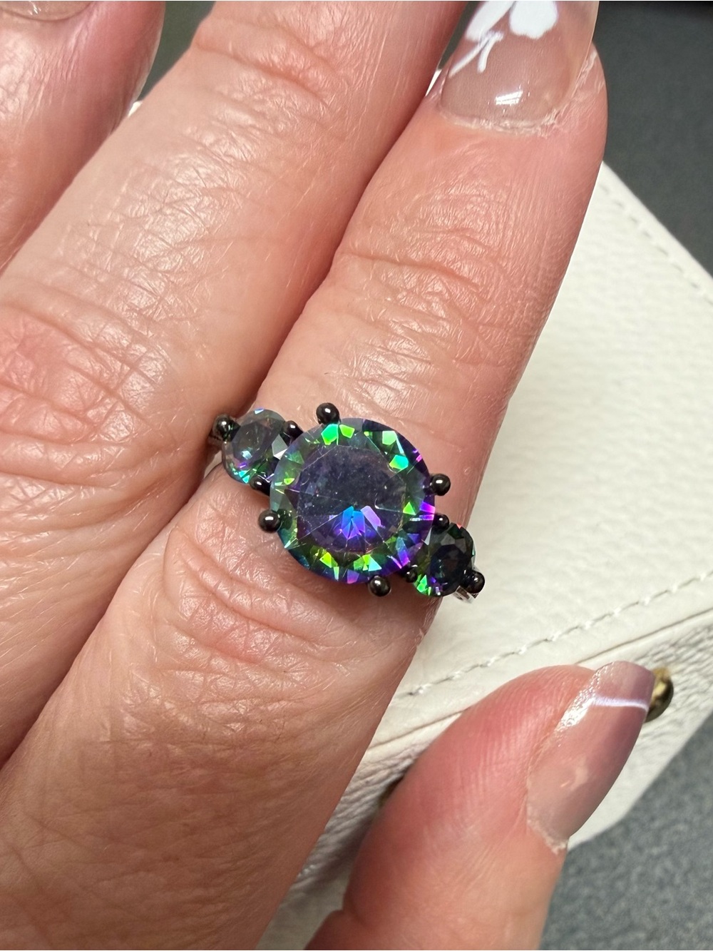 Mystic Topaz Triple-Stone Ring - Black Rhodium over Sterling Silver Base -size 9